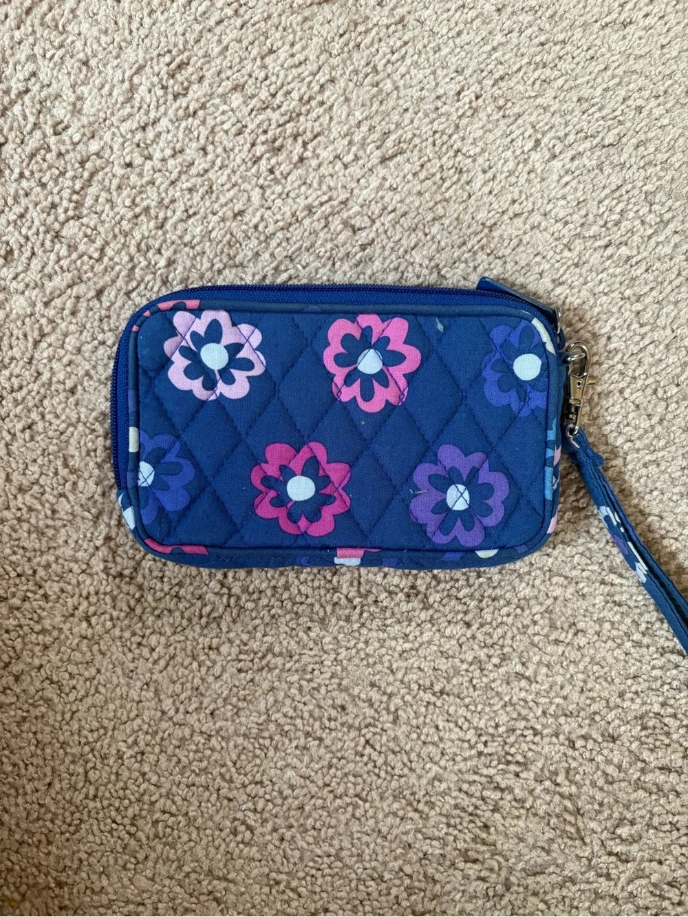 Vera Bradley Quilted Kids Wristlet in Navy with Pink & Purple Flowers